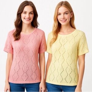 Set 2 Leo & Nicole Short Sleeve Pullover Crochet Sweater Open Knit Pink Yellow M